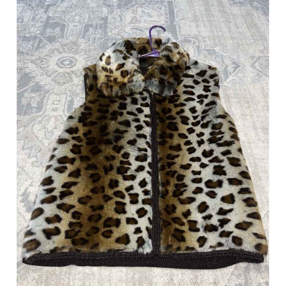 Lisa International Womens Faux Fur Vest‎ Size Large Brown Animal Print Zip Up
